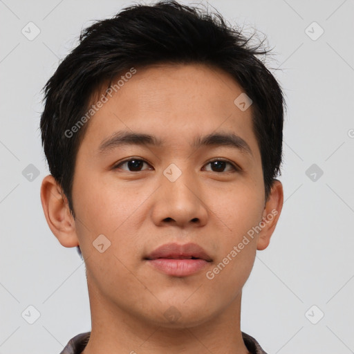 Neutral asian young-adult male with short  brown hair and brown eyes