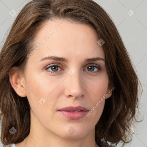 Neutral white young-adult female with medium  brown hair and grey eyes