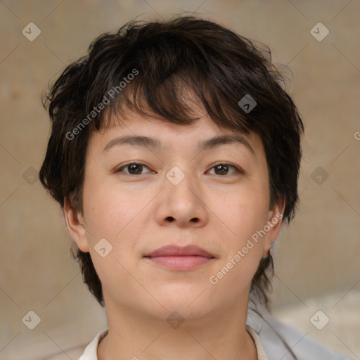 Neutral white young-adult female with medium  brown hair and brown eyes