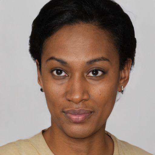 Neutral black young-adult female with short  black hair and brown eyes