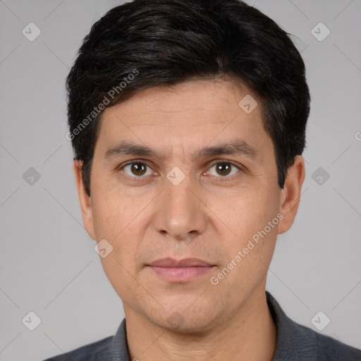 Neutral white adult male with short  black hair and brown eyes