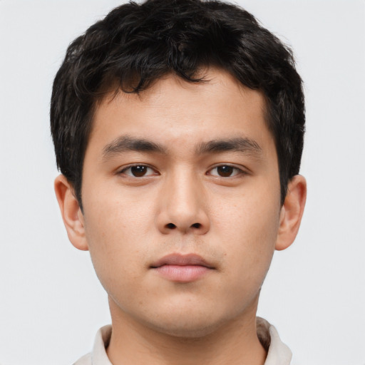 Neutral asian young-adult male with short  brown hair and brown eyes