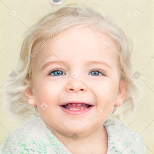 Joyful white child female with medium  brown hair and blue eyes