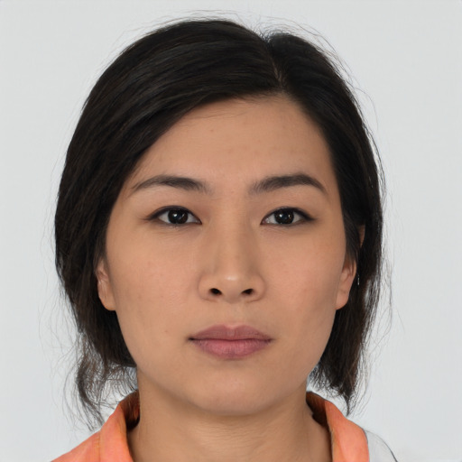 Neutral asian young-adult female with medium  black hair and brown eyes