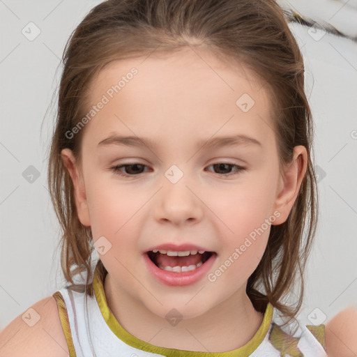 Joyful white child female with medium  brown hair and brown eyes