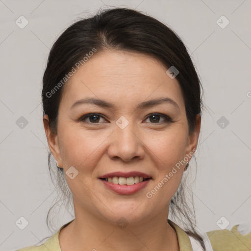 Joyful white young-adult female with medium  brown hair and brown eyes