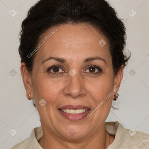 Joyful white adult female with short  brown hair and brown eyes