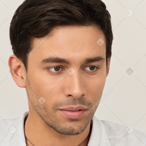 Neutral white young-adult male with short  brown hair and brown eyes