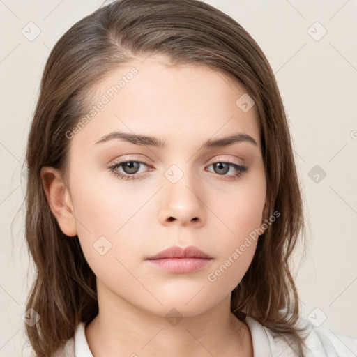 Neutral white young-adult female with medium  brown hair and brown eyes