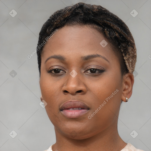 Joyful black young-adult female with short  black hair and brown eyes