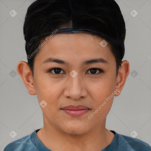 Joyful latino young-adult female with short  black hair and brown eyes