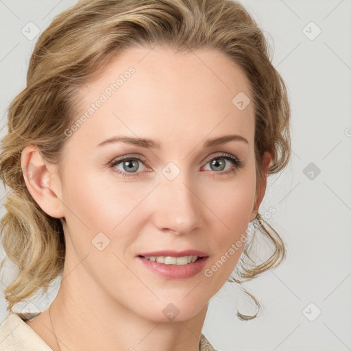 Joyful white young-adult female with medium  brown hair and blue eyes