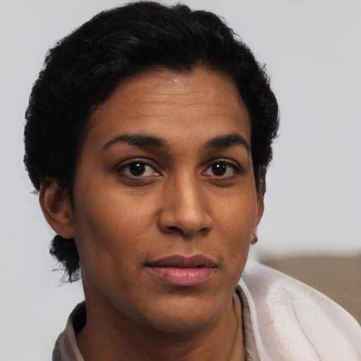 Neutral latino young-adult female with short  brown hair and brown eyes