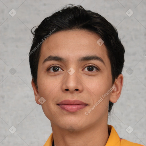 Joyful white young-adult female with short  brown hair and brown eyes