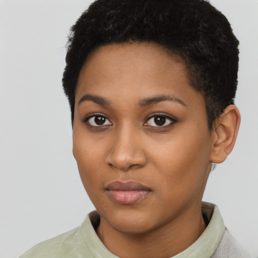 Neutral latino young-adult female with short  black hair and brown eyes