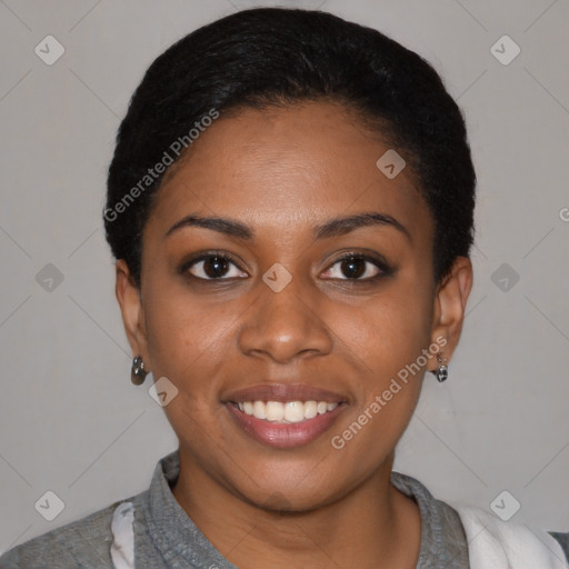 Joyful latino young-adult female with short  black hair and brown eyes