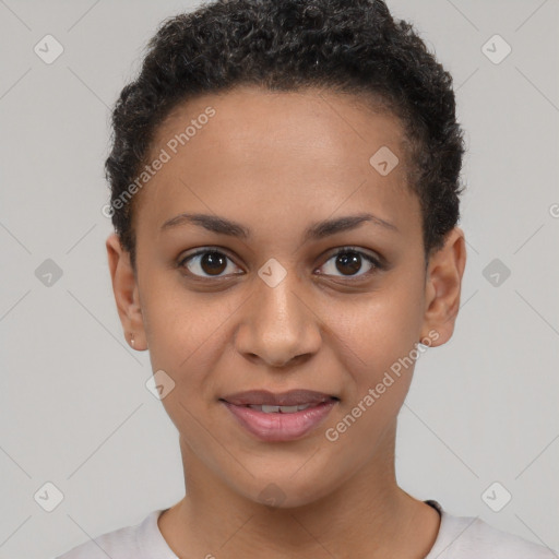 Joyful latino young-adult female with short  brown hair and brown eyes