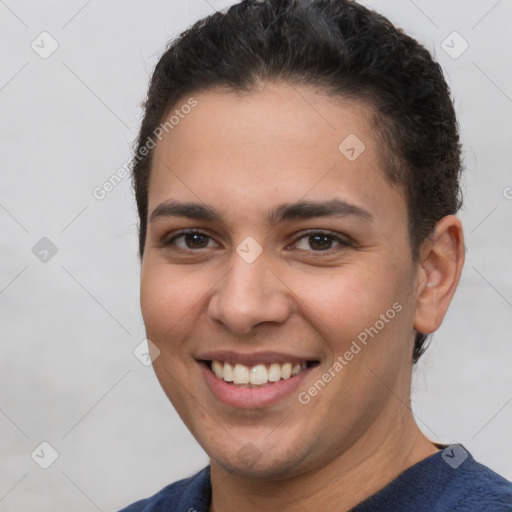 Joyful white young-adult female with short  brown hair and brown eyes