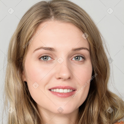 Joyful white young-adult female with long  brown hair and blue eyes