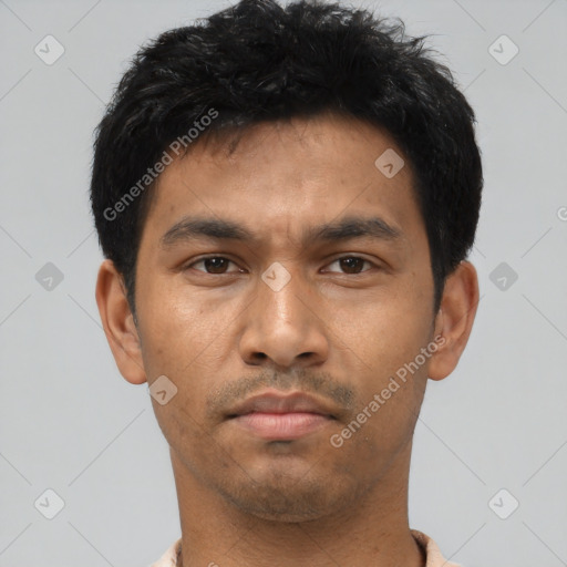 Neutral asian young-adult male with short  black hair and brown eyes