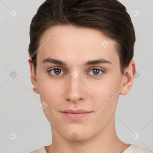 Neutral white young-adult male with short  brown hair and brown eyes