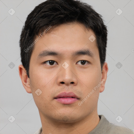 Neutral asian young-adult male with short  black hair and brown eyes