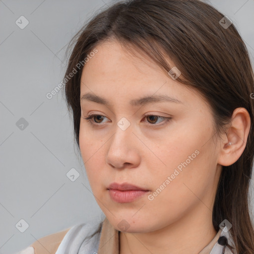 Neutral white young-adult female with medium  brown hair and brown eyes