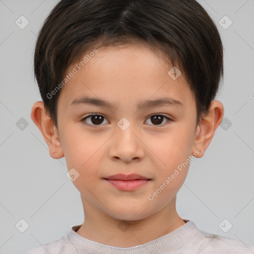 Joyful white child male with short  brown hair and brown eyes