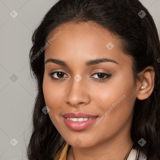 Joyful latino young-adult female with long  brown hair and brown eyes