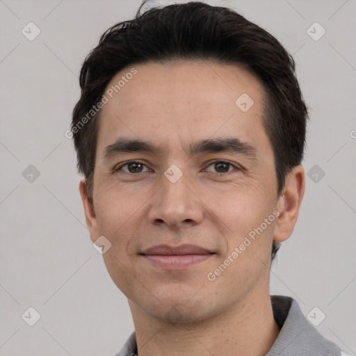 Joyful white young-adult male with short  black hair and brown eyes