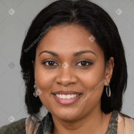 Joyful black young-adult female with medium  brown hair and brown eyes