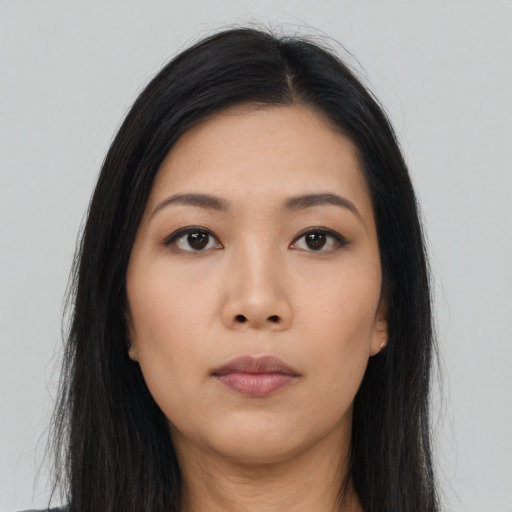Neutral asian young-adult female with long  black hair and brown eyes