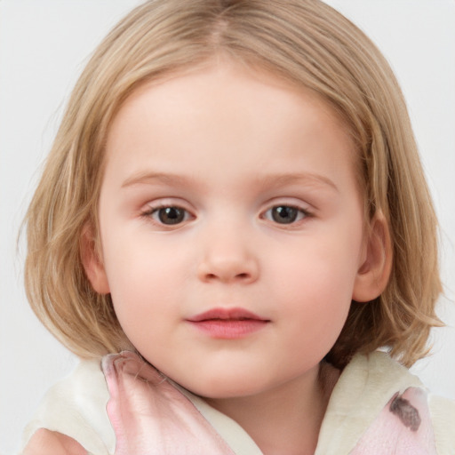 Neutral white child female with medium  brown hair and blue eyes