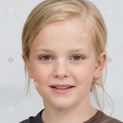 Joyful white child female with medium  brown hair and blue eyes