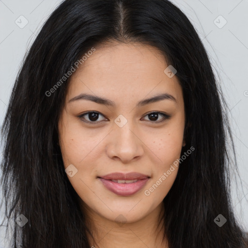 Joyful asian young-adult female with long  brown hair and brown eyes