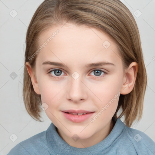 Joyful white child female with medium  brown hair and blue eyes