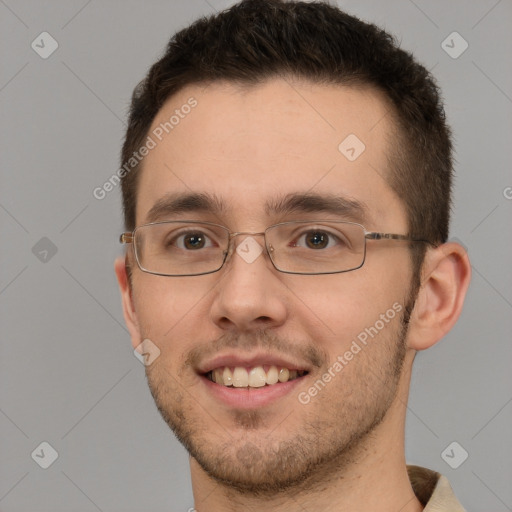 Joyful white young-adult male with short  brown hair and brown eyes