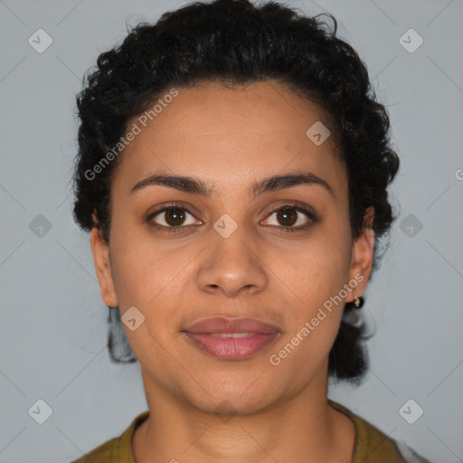 Joyful latino young-adult female with short  brown hair and brown eyes