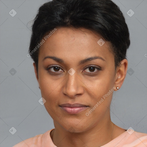 Joyful asian young-adult female with short  brown hair and brown eyes