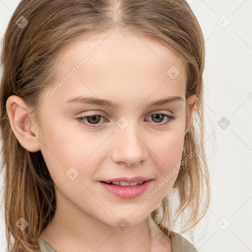 Joyful white child female with medium  brown hair and grey eyes