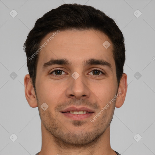 Joyful white young-adult male with short  brown hair and brown eyes