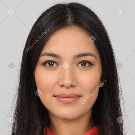 Joyful latino young-adult female with long  brown hair and brown eyes