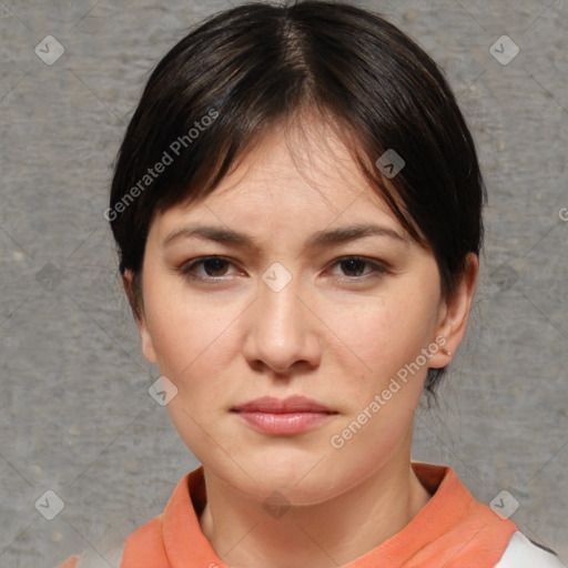 Joyful white young-adult female with medium  brown hair and brown eyes