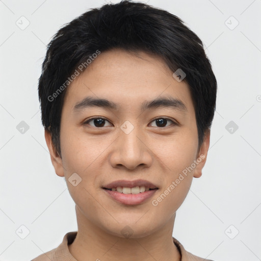 Joyful asian young-adult male with short  black hair and brown eyes