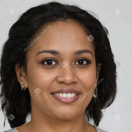 Joyful black young-adult female with medium  brown hair and brown eyes