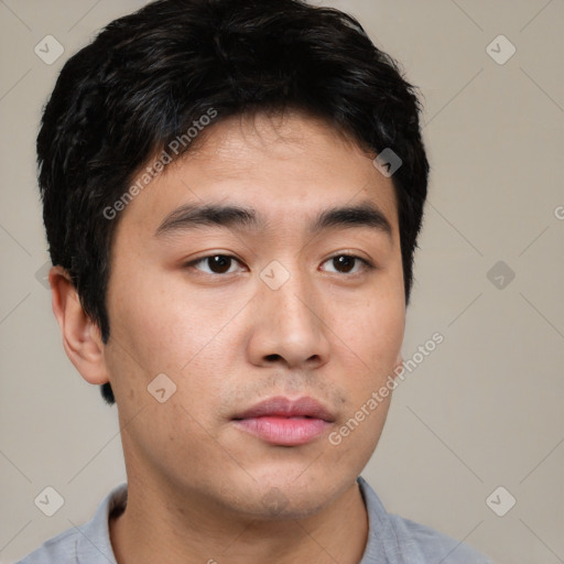 Neutral asian young-adult male with short  black hair and brown eyes