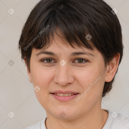 Joyful white young-adult female with medium  brown hair and brown eyes