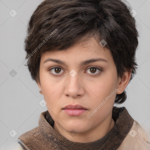 Neutral white young-adult female with short  brown hair and brown eyes