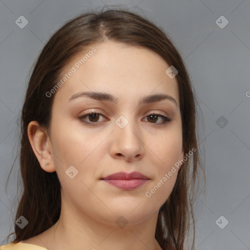 Neutral white young-adult female with medium  brown hair and brown eyes