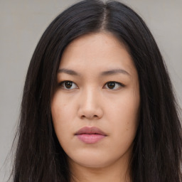 Neutral asian young-adult female with long  black hair and brown eyes